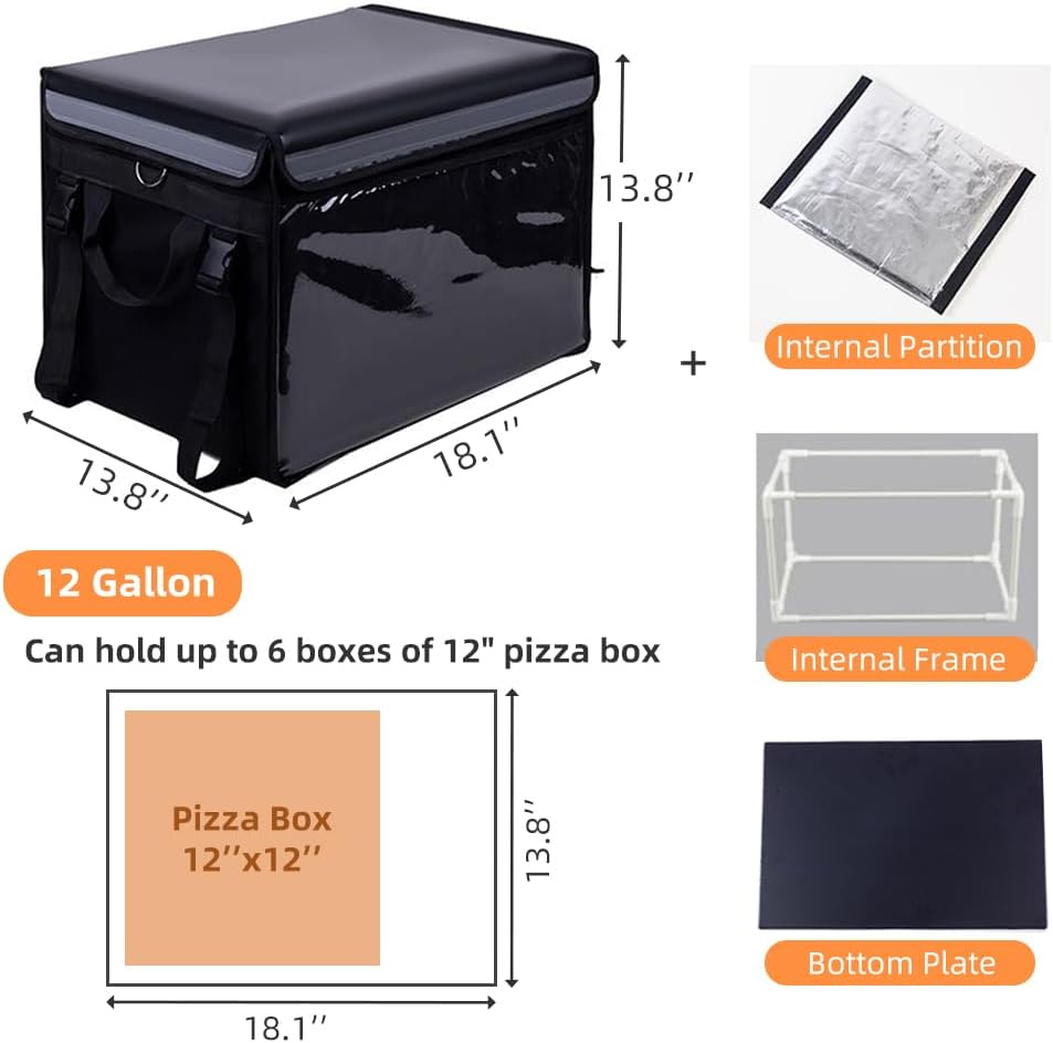 Insulated Bags For Food Delivery XL - 18.1" x 13.8" x 13.8", Commercial Insulated Food Delivery Bag w/ Divider, Waterproof & Foldable Catering Bag Food Deliveries, Delivery Pizza Bags 12 Inches