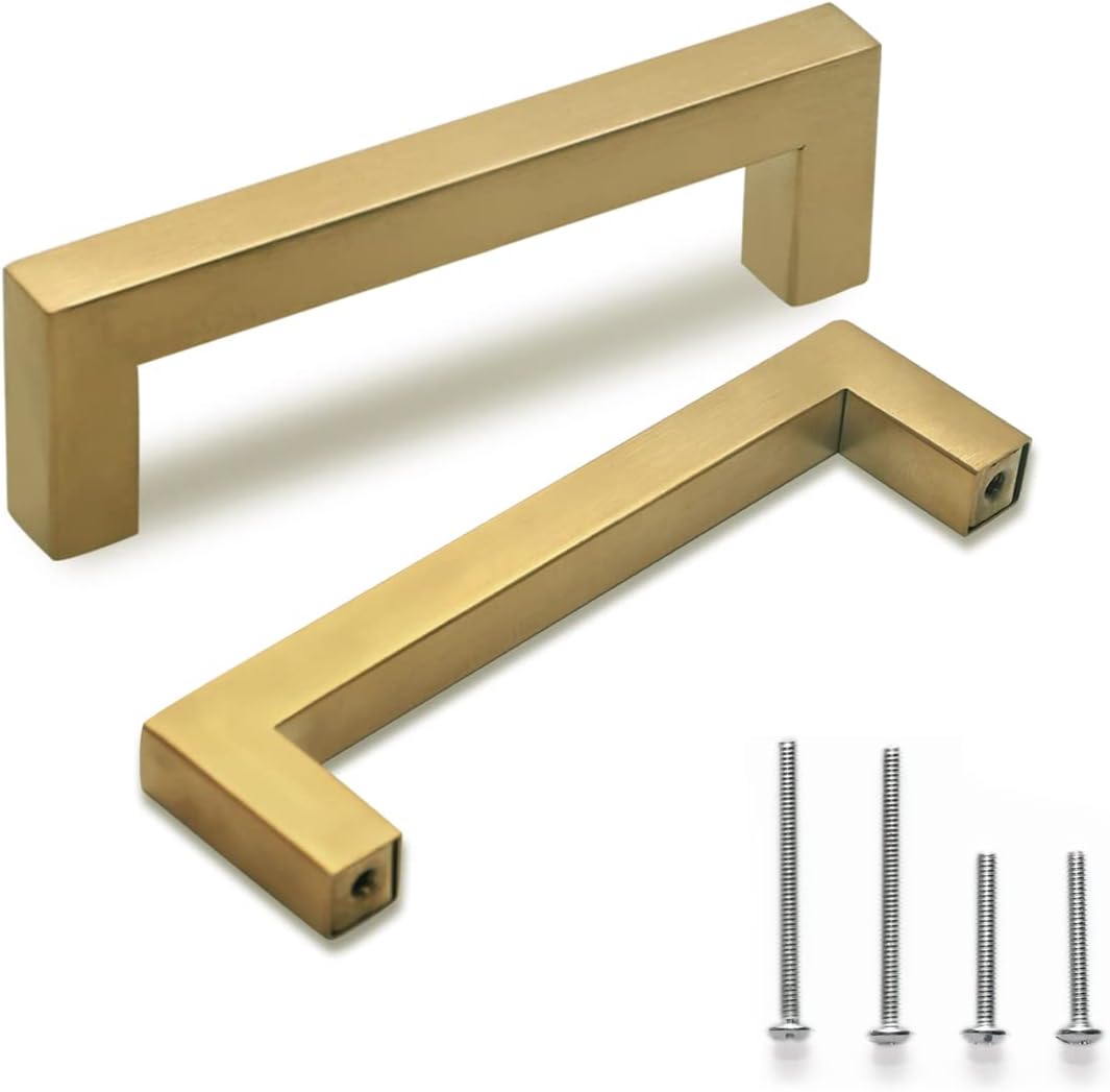 TooCust Brushed Brass Square Drawer Pulls 2 Pack, Modern Gold Cabinet Handles with 4 Inch (102mm) Hole Centers, Kitchen Cabinet Hardware and Dresser Pulls