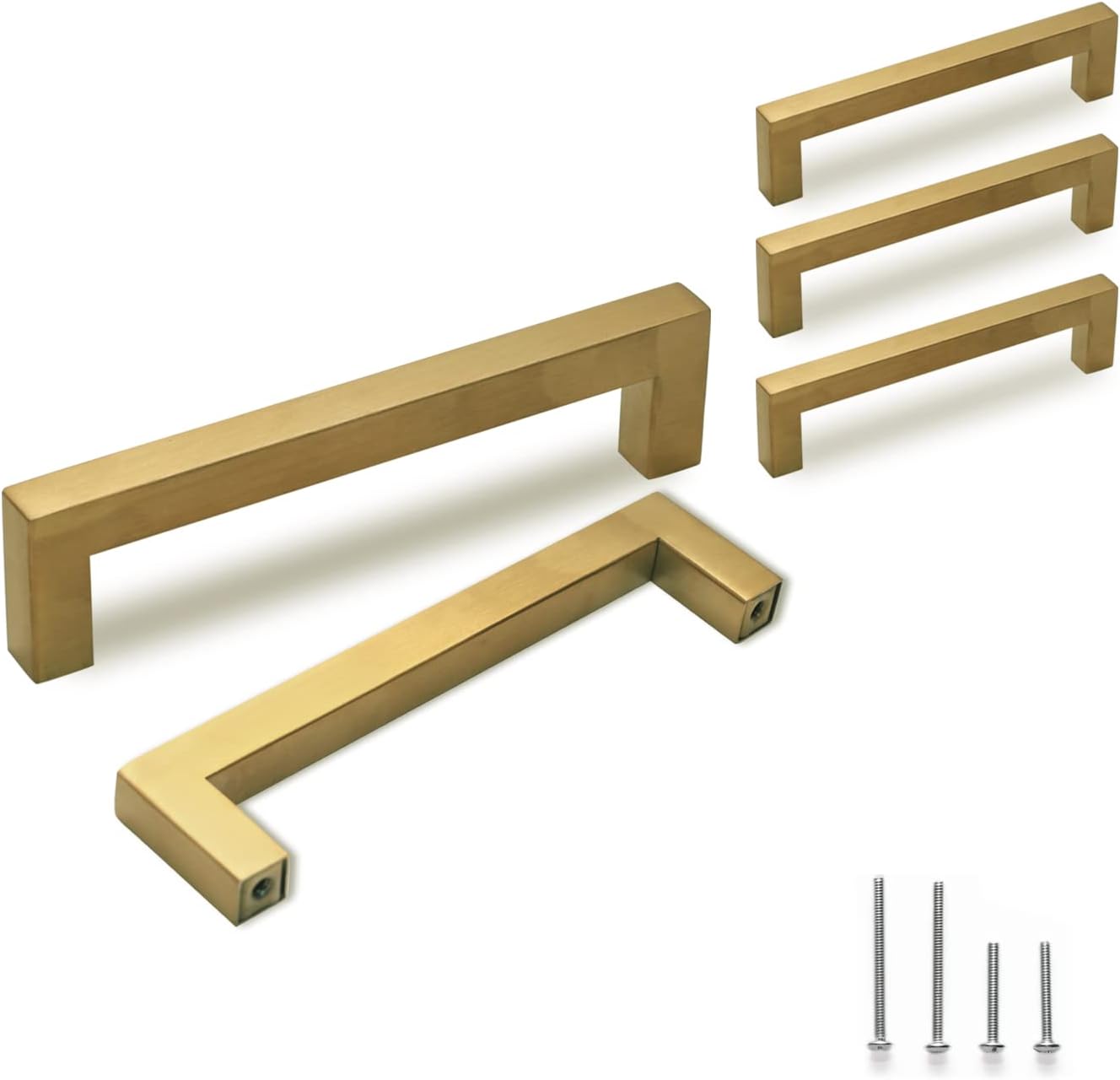 TooCust Brushed Brass Square Drawer Pulls 2 Pack, Modern Gold Cabinet Handles with 4 Inch (102mm) Hole Centers, Kitchen Cabinet Hardware and Dresser Pulls
