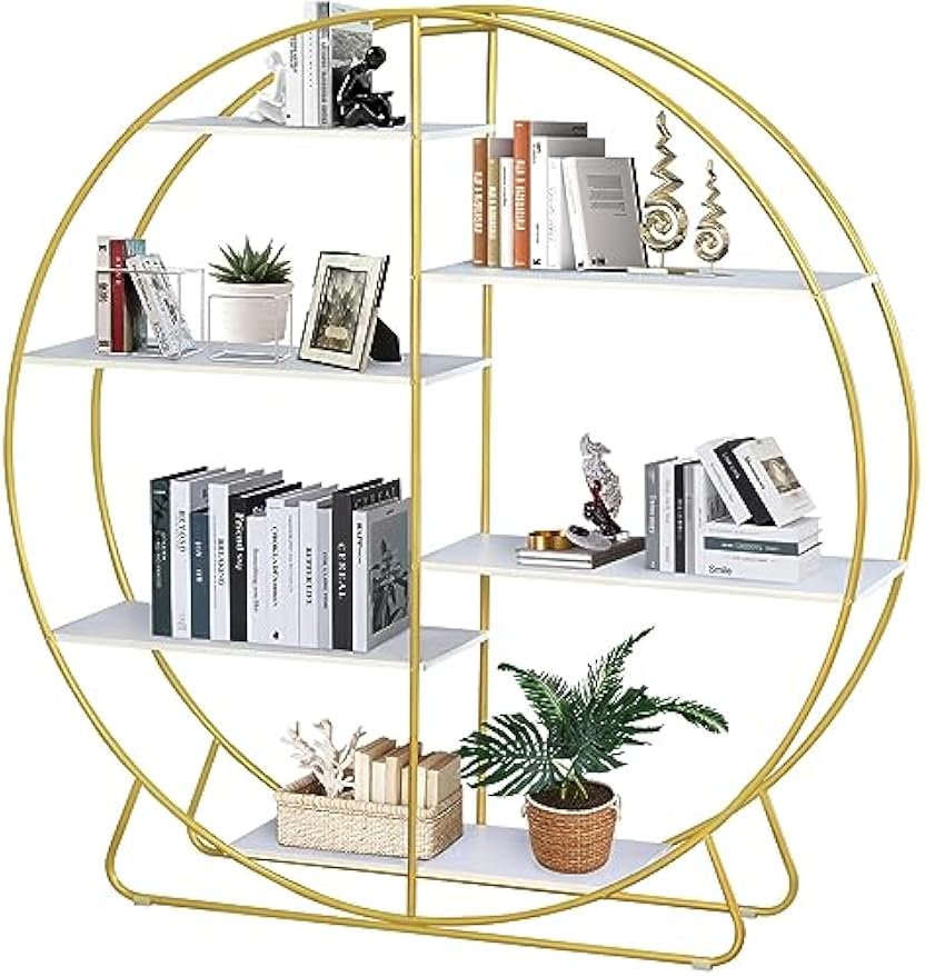 White and Gold Bookshelf Circular Office Bookshelves 57" Tall Arched Book Shelves Open Etagere Bookcase Large Round Book Shelf for Living Room Modern Home