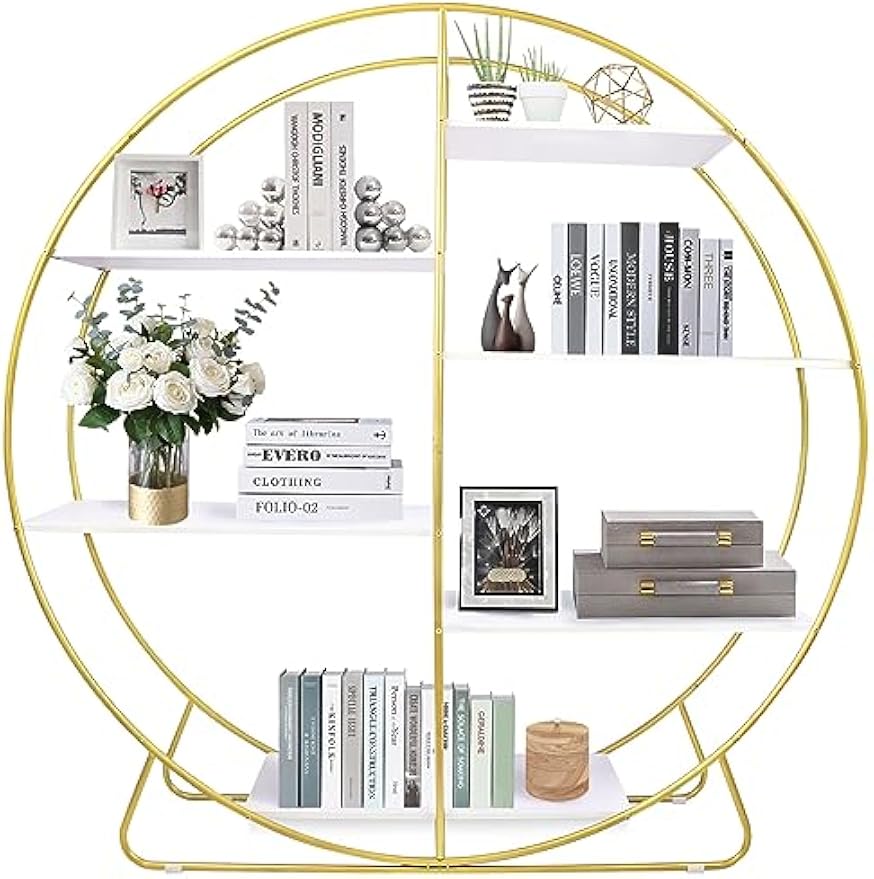 White and Gold Bookshelf Circular Office Bookshelves 57" Tall Arched Book Shelves Open Etagere Bookcase Large Round Book Shelf for Living Room Modern Home