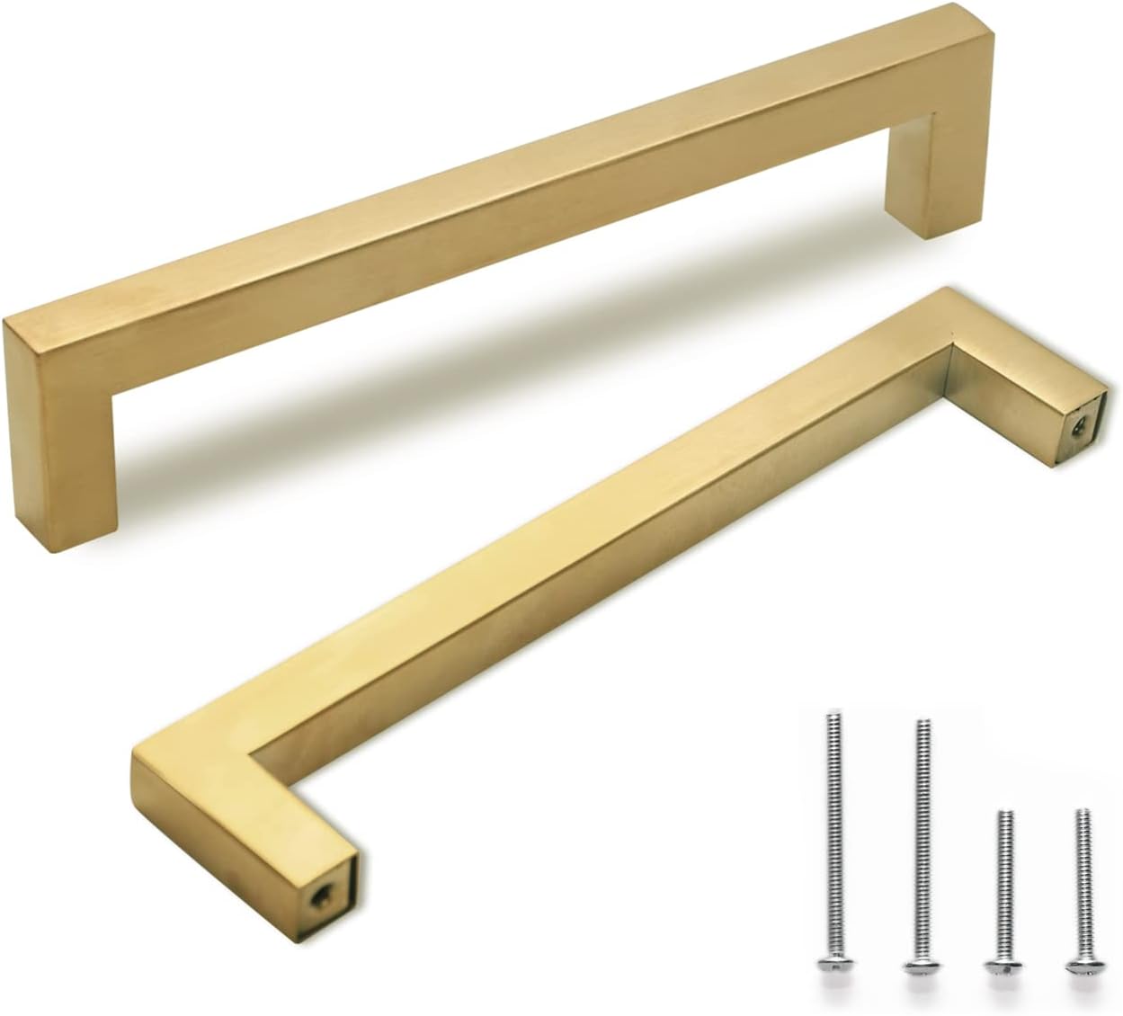 TooCust Brushed Brass Square Drawer Pulls 2 Pack, Modern Gold Cabinet Handles with 4 Inch (102mm) Hole Centers, Kitchen Cabinet Hardware and Dresser Pulls