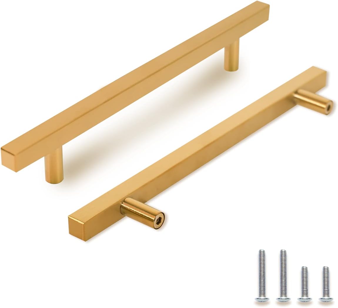 TooCust 2 Pack Brushed Brass Kitchen Cabinet Handles, Cabinet Pulls with 3.75 Inch (96mm) Hole Centers, Gold Dresser Handle with Brushed Finish, Modern Furniture Drawer Knobs