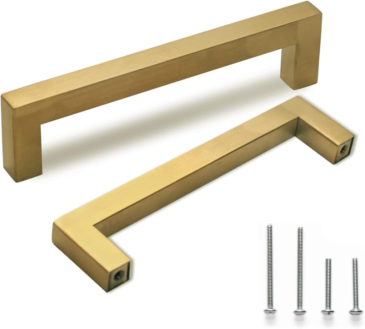 TooCust Brushed Brass Square Drawer Pulls 2 Pack, Modern Gold Cabinet Handles with 4 Inch (102mm) Hole Centers, Kitchen Cabinet Hardware and Dresser Pulls