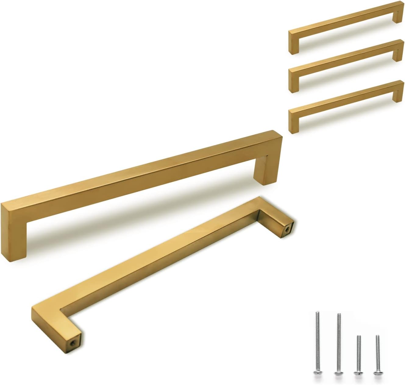 TooCust Brushed Brass Square Drawer Pulls 2 Pack, Modern Gold Cabinet Handles with 4 Inch (102mm) Hole Centers, Kitchen Cabinet Hardware and Dresser Pulls