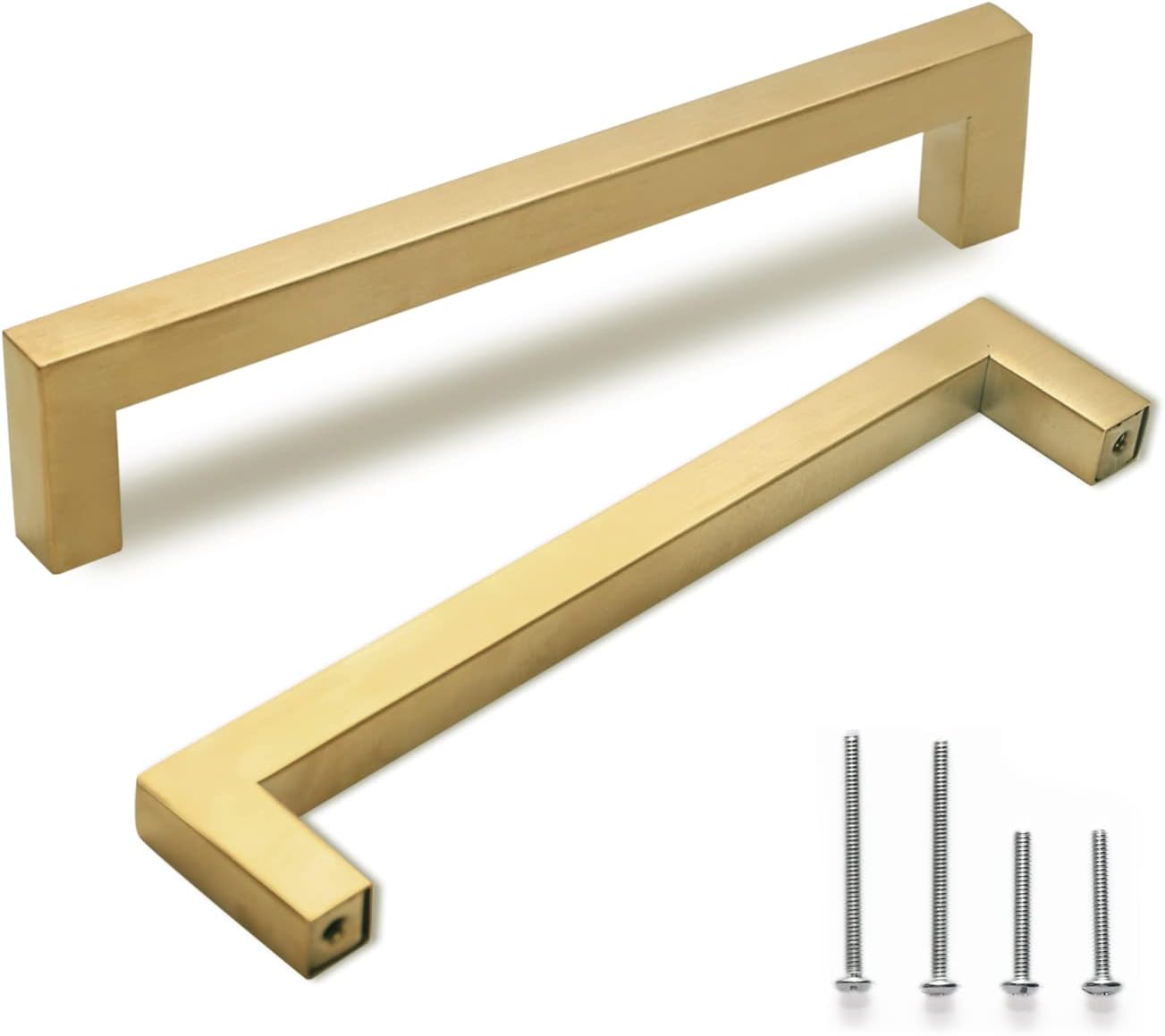 TooCust Brushed Brass Square Drawer Pulls 5 Pack, Modern Gold Cabinet Handles with 8 Inch (204mm) Hole Centers, Kitchen Cabinet Hardware and Dresser Pulls