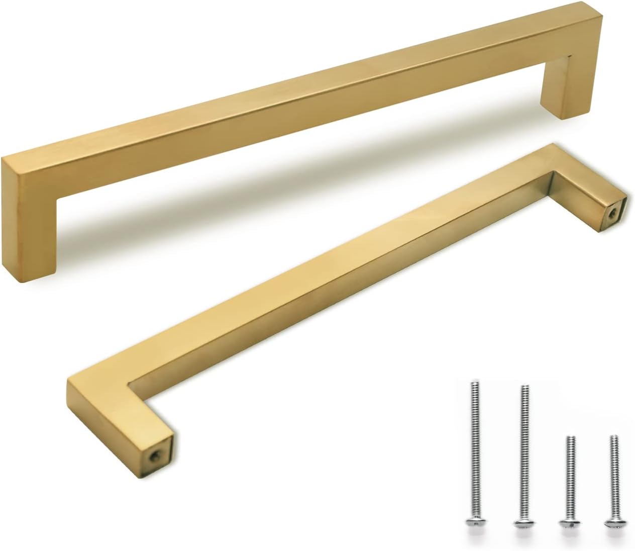 TooCust Brushed Brass Square Drawer Pulls 2 Pack, Modern Gold Cabinet Handles with 4 Inch (102mm) Hole Centers, Kitchen Cabinet Hardware and Dresser Pulls