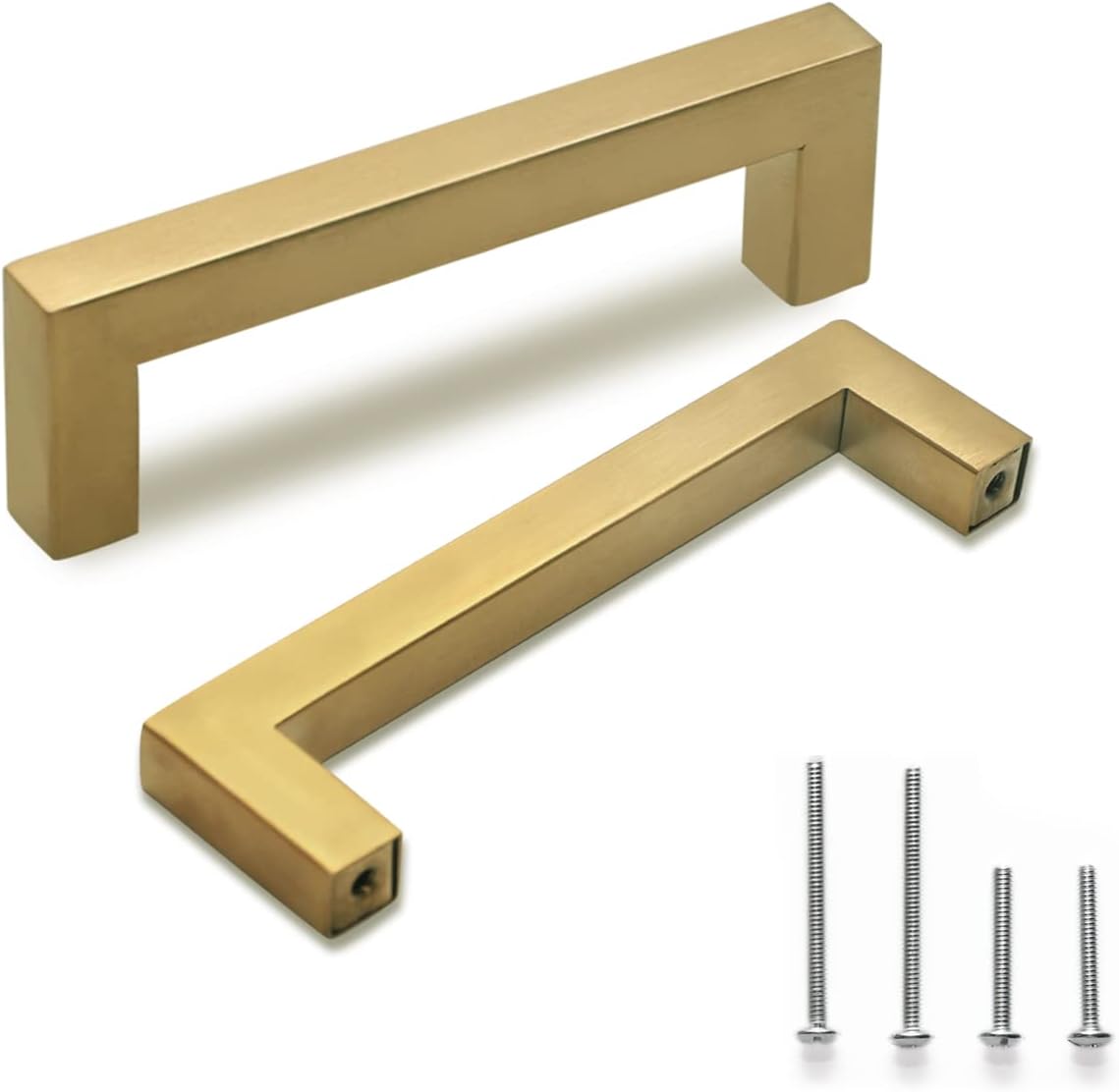 TooCust Brushed Brass Square Drawer Pulls 2 Pack, Modern Gold Cabinet Handles with 3 Inch (76mm) Hole Centers, Kitchen Cabinet Hardware and Dresser Pulls