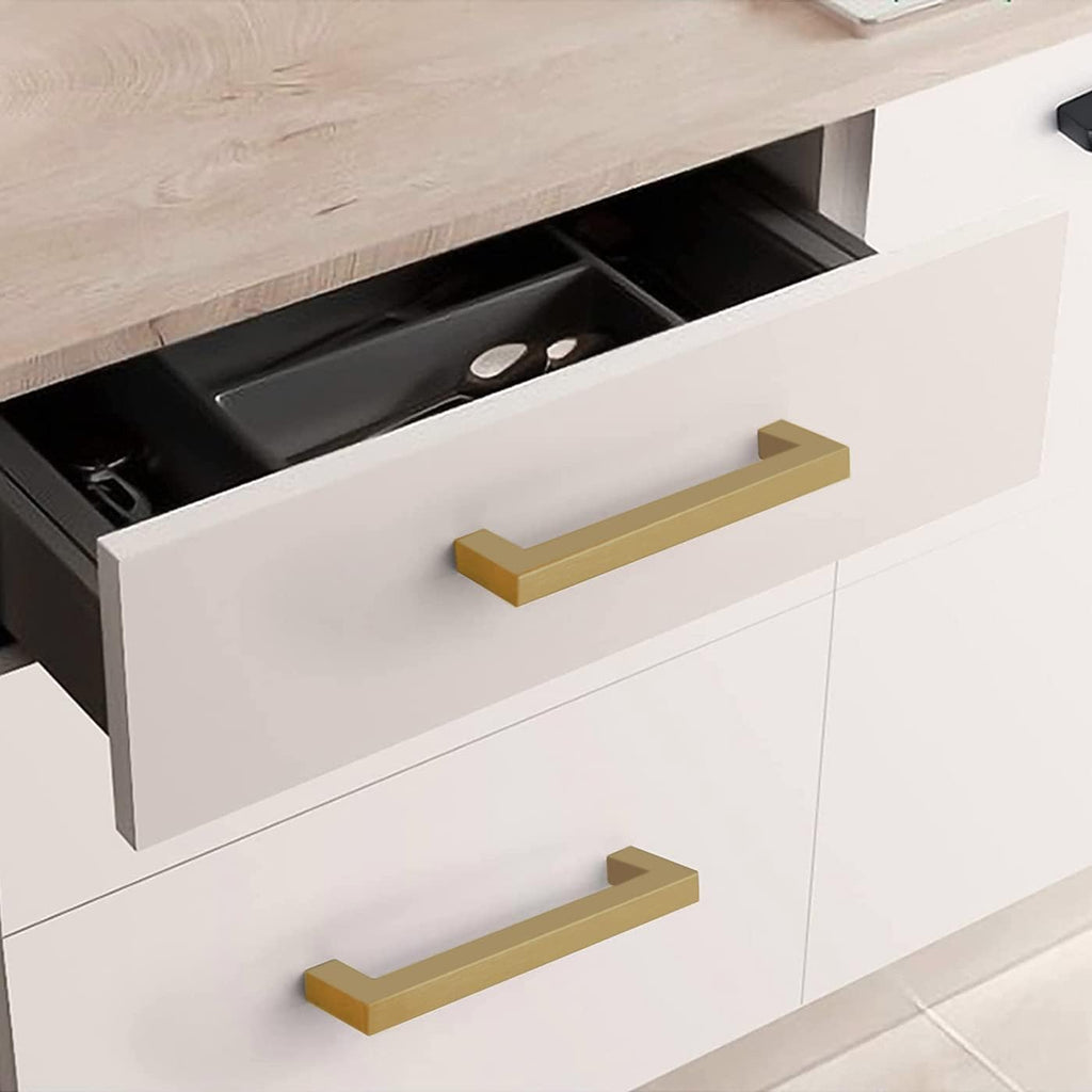 TooCust Brushed Brass Square Drawer Pulls 2 Pack, Modern Gold Cabinet Handles with 3 Inch (76mm) Hole Centers, Kitchen Cabinet Hardware and Dresser Pulls