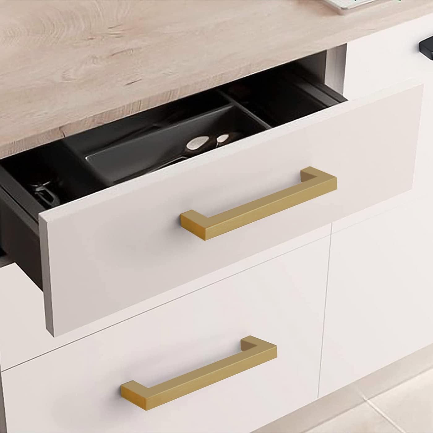 TooCust Brushed Brass Square Drawer Pulls 5 Pack, Modern Gold Cabinet Handles with 8 Inch (204mm) Hole Centers, Kitchen Cabinet Hardware and Dresser Pulls