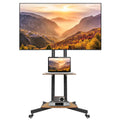 Dual-Pole Rolling Height Adjustable Floor TV Stand with Two Wooden Storage Shelves, Portable TV Cart with Max VESA 600x400mm