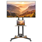 Dual-Pole Rolling Height Adjustable Floor TV Stand with Two Wooden Storage Shelves, Portable TV Cart with Max VESA 600x400mm