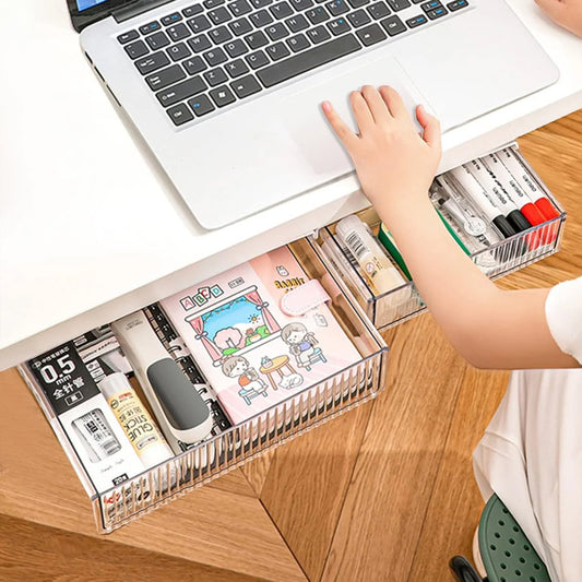 2Pcs Under Desk Storage Drawers Slide Out,Large&Medium,Stick On Desk Drawer Under Desk,Under Desk Organizer Hidden Under Table Drawer for Home Office School Organization and Storage-Transparent White