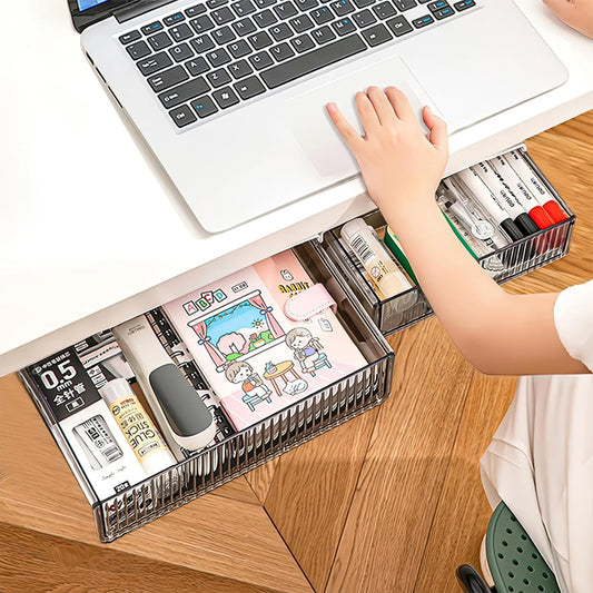 2Pcs Under Desk Storage Drawers Slide Out,Large&Medium, Stick On Desk Drawer Under Desk,Under Desk Organizer Hidden Under Table Drawer for Home Office School Organization and Storage-Transparent Black