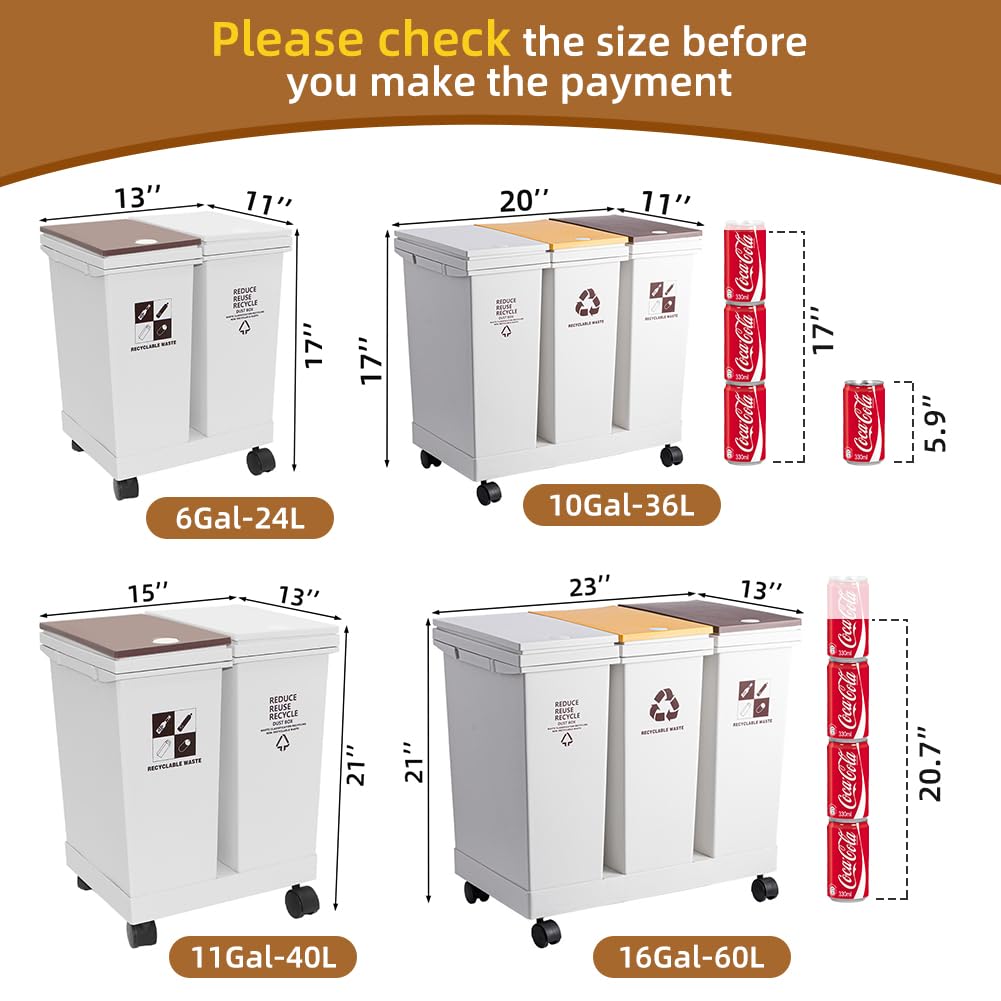 6 Gallon - 12L x 2 Compartment Trash Can with Wheels, Double Garbage Can and Recycling Bin with Lid, Detachable & Press-Open Lid Sorting Trash Can Kitchen, Plastic Dual Compartment Trash Can Kitchen