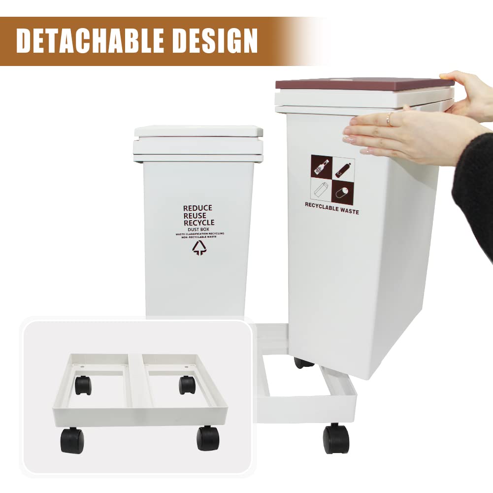 6 Gallon - 12L x 2 Compartment Trash Can with Wheels, Double Garbage Can and Recycling Bin with Lid, Detachable & Press-Open Lid Sorting Trash Can Kitchen, Plastic Dual Compartment Trash Can Kitchen