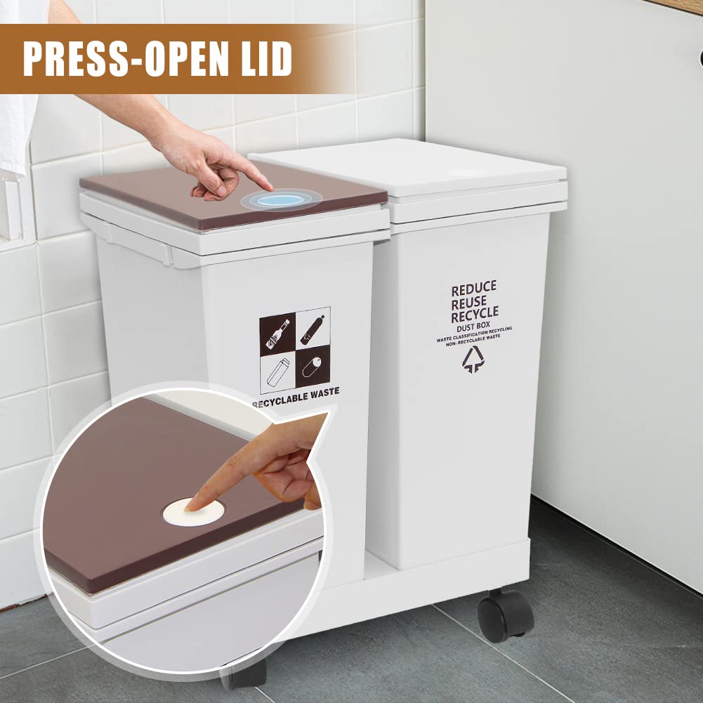 6 Gallon - 12L x 2 Compartment Trash Can with Wheels, Double Garbage Can and Recycling Bin with Lid, Detachable & Press-Open Lid Sorting Trash Can Kitchen, Plastic Dual Compartment Trash Can Kitchen