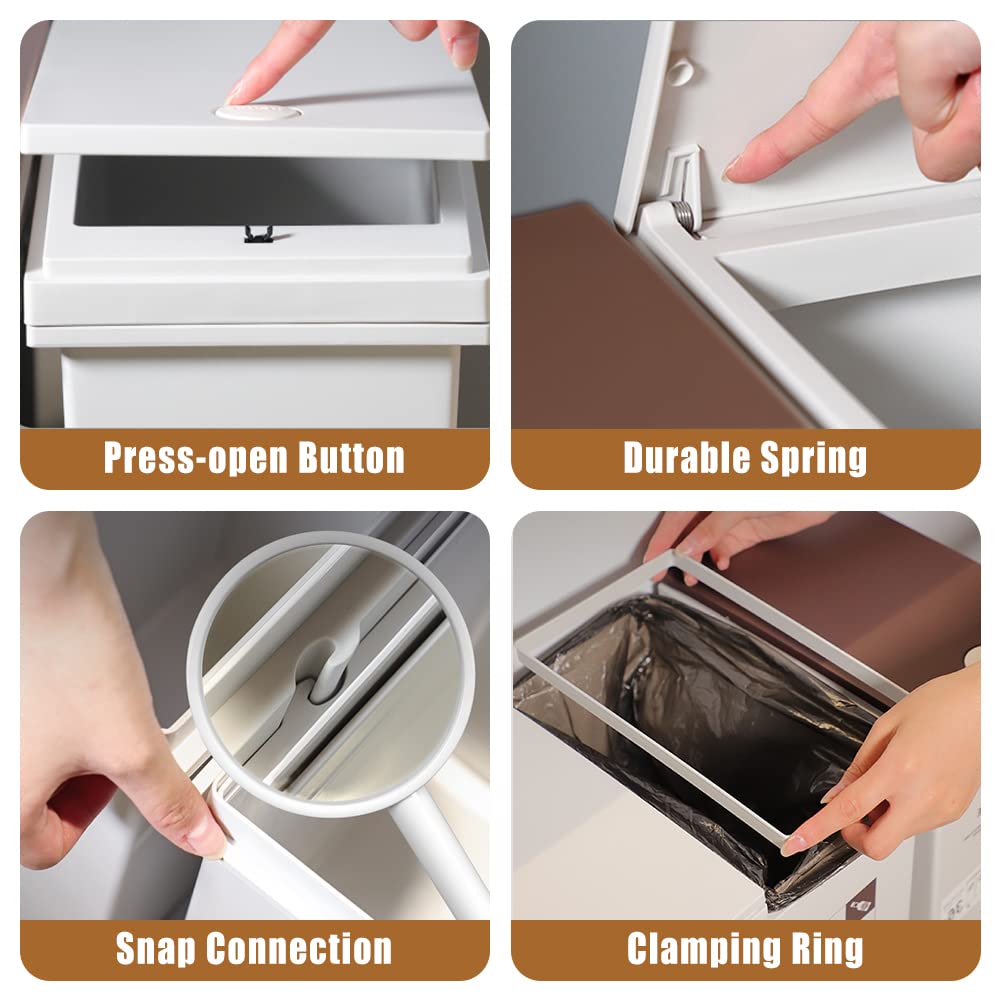 6 Gallon - 12L x 2 Compartment Trash Can with Wheels, Double Garbage Can and Recycling Bin with Lid, Detachable & Press-Open Lid Sorting Trash Can Kitchen, Plastic Dual Compartment Trash Can Kitchen
