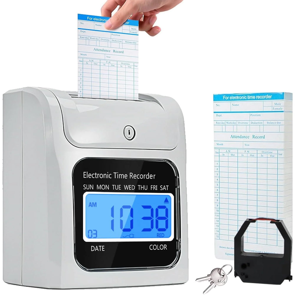 Employee Time Clocks for Small Business, Auto-Align Time Clock Punch Machine with 50-Piece Time Cards, Two Security Keys, and One Ink Ribbon Cartridge