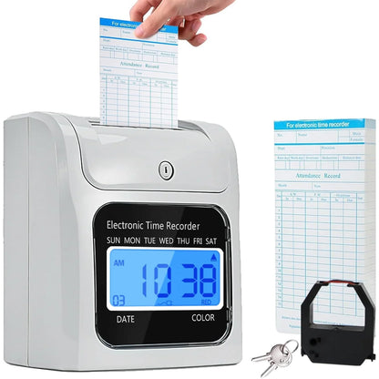 Employee Time Clocks for Small Business, Auto-Align Time Clock Punch Machine with 50-Piece Time Cards, Two Security Keys, and One Ink Ribbon Cartridge