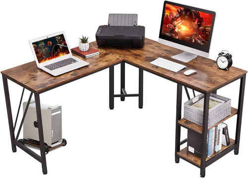 60" L Shaped Computer Desk with Shelves, Coputer Tower Stand, Rounded Corner - Reversible Office Desk with Storage Rack, Large Home Office Desk, L Desk for Home Office, Brown