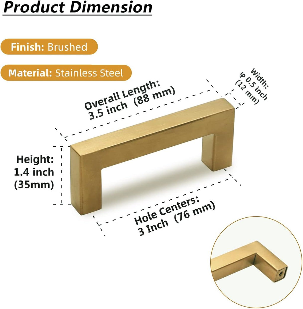 TooCust Brushed Brass Square Drawer Pulls 2 Pack, Modern Gold Cabinet Handles with 3 Inch (76mm) Hole Centers, Kitchen Cabinet Hardware and Dresser Pulls
