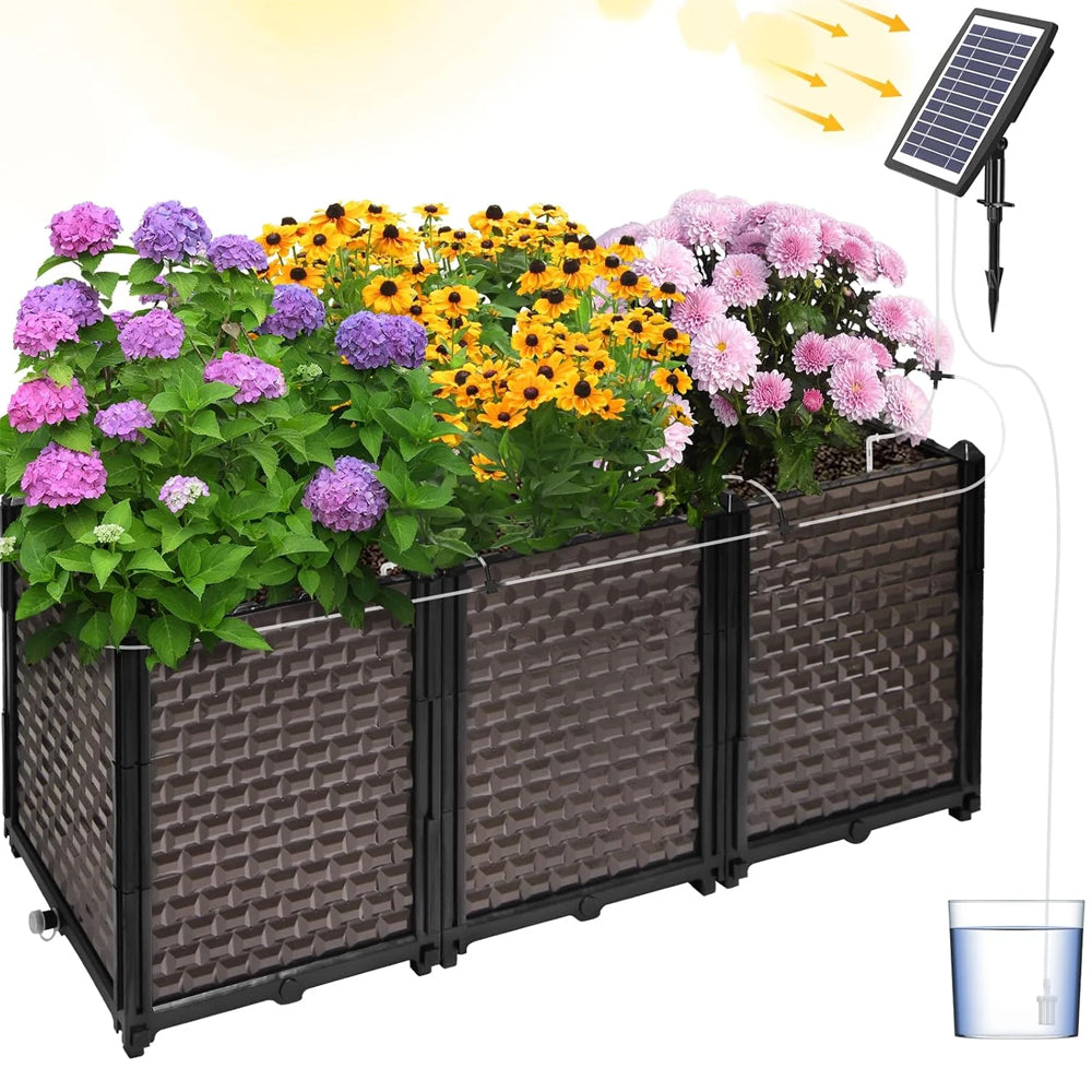 Large Planters for Outdoor Plants with Automatic Drip Irrigation Kits, Deepened 20" H Raised Beds for Gardening Self Watering with Solar Irrigation System for Garden 5 Timer Modes, 47.2"L x 15.7"W