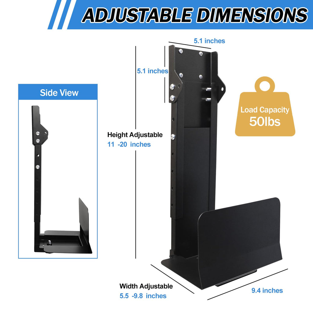 Heavy Duty Computer Wall Mount PC Case - Upgraded, Also Great for PC Mount Under Desk - Height Adjustable from 11" to 21", Width Adjustable from 5.5" to 9.8", Computer Tower Under Desk Home Office
