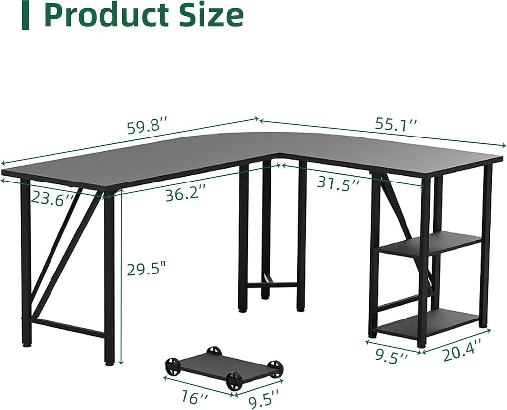60" L Shaped Computer Desk with Tower Stand on 4 Wheels, Shelves, Rounded Corner, L Desk for Home Office, Black