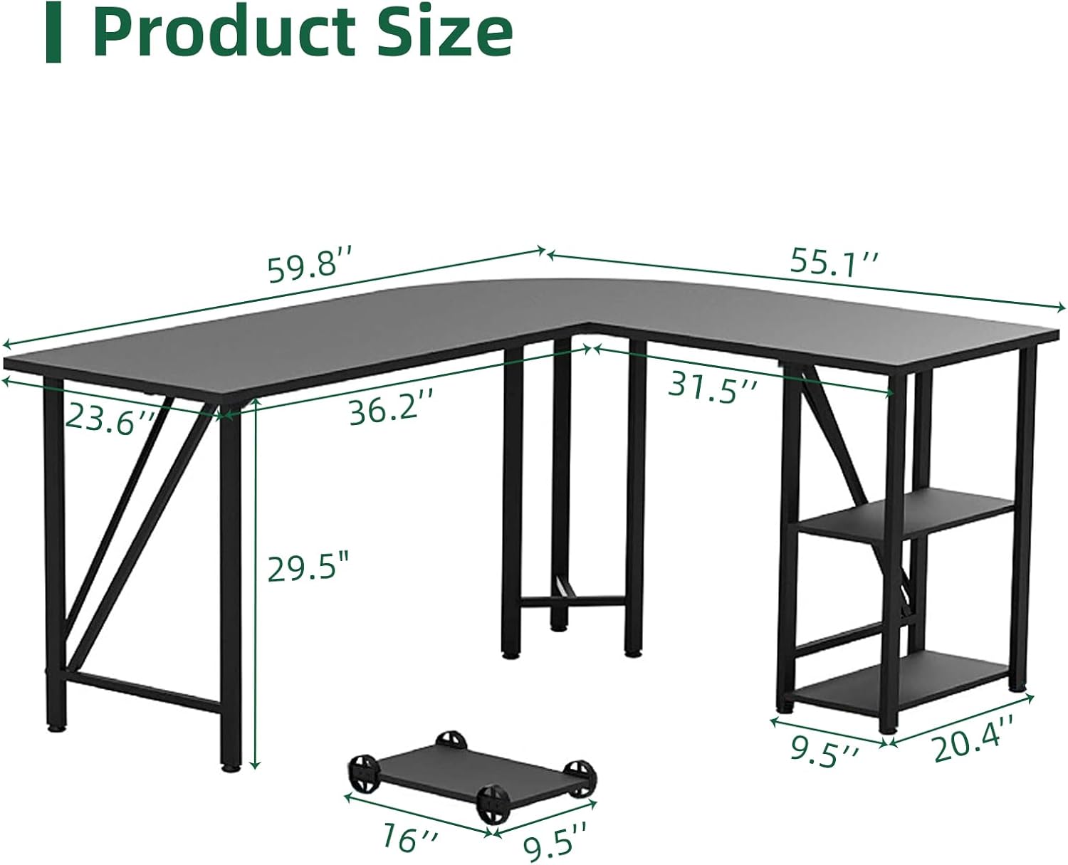 60" L Shaped Computer Desk with Tower Stand on 4 Wheels, Shelves, Rounded Corner, L Desk for Home Office, Black