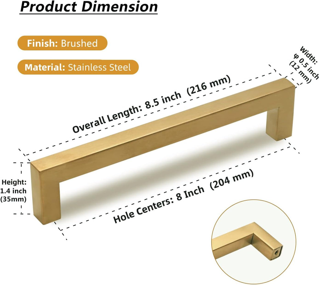 TooCust Brushed Brass Square Drawer Pulls 5 Pack, Modern Gold Cabinet Handles with 8 Inch (204mm) Hole Centers, Kitchen Cabinet Hardware and Dresser Pulls