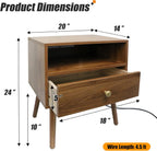 Wood Nightstand with Outlet on Right - 20" W x 14" D x 24" H End Table with Led Light and Wireless Charger, Wide Bedside Table with 1 Drawer, Mid Century Modern Nightstand, Dark Walnut