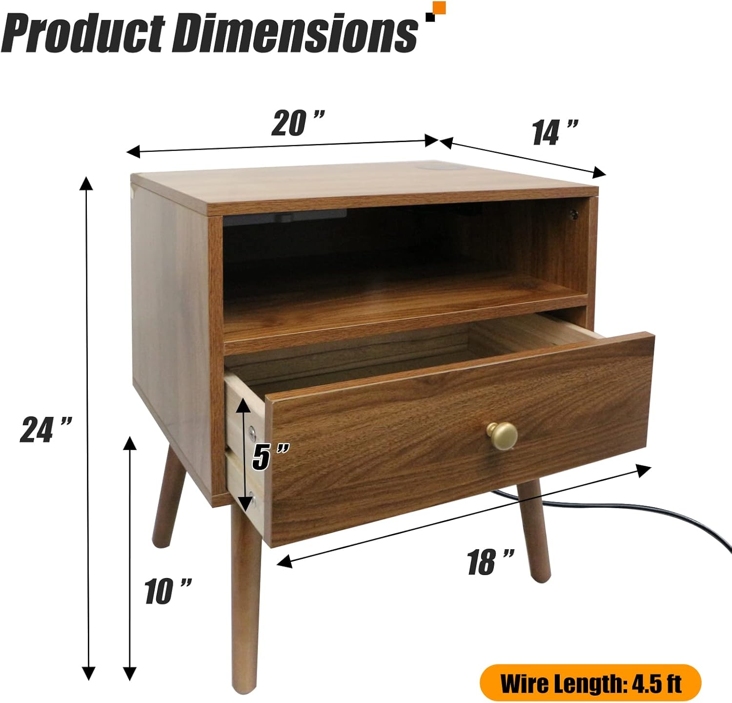 Wood Nightstand with Outlet on Right - 20" W x 14" D x 24" H End Table with Led Light and Wireless Charger, Wide Bedside Table with 1 Drawer, Mid Century Modern Nightstand, Dark Walnut