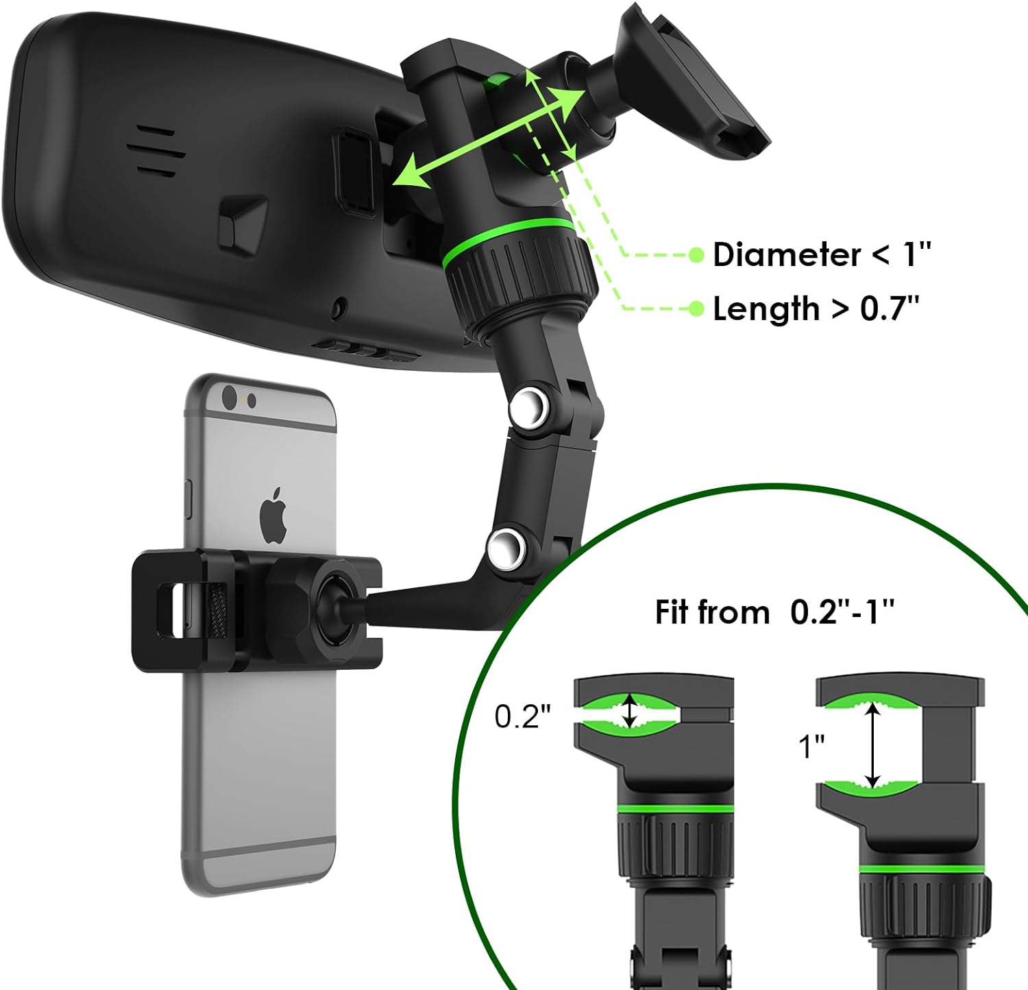 TooCust Multifunctional Rearview Mirror Phone Holder, Rotatable and Retractable, 360 Rotating, Suitable for iPhone and Smartphones