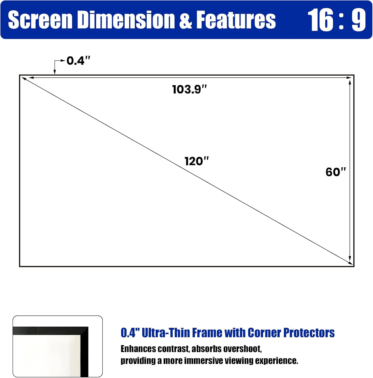 Edge Free Fixed Frame Projector Screen 120 Inch, Diagonal 16:9 4k 8k Ultra HD 3D Ready Fixed Projector Screen, Fixed Frame Projector Screen Wall Mount for Indoor Movie Video Home Theater