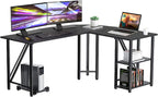 60" L Shaped Computer Desk with Shelves, Coputer Tower Stand, Rounded Corner - Reversible Office Desk with Storage Rack, Large Home Office Desk, L Desk for Home Office, Brown