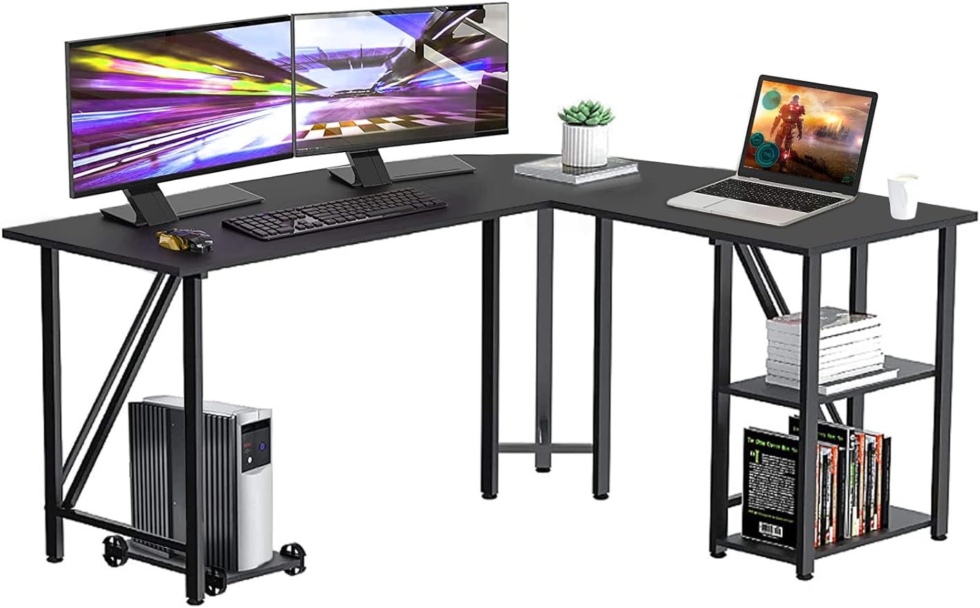 SHSYCER 60"x55" L Shaped Computer Desk - Large Office Desk with Monitor Stand and 2 Layers Storage Rack Reversible Corner Desk for Small Spaces, Gaming Computer Desk for Home Office, Black