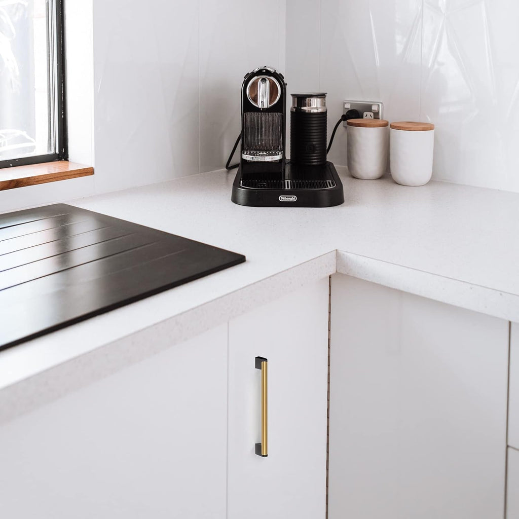 Pack of 10 Brushed Gold Handles for Cabinets and Drawers, 6-1/4 inch (160mm) Hole Centers, Gold Kitchen Cabinet Pulls with Black Base, Modern Gold Handles for Dresser, Golden Drawer Pulls and Knobs