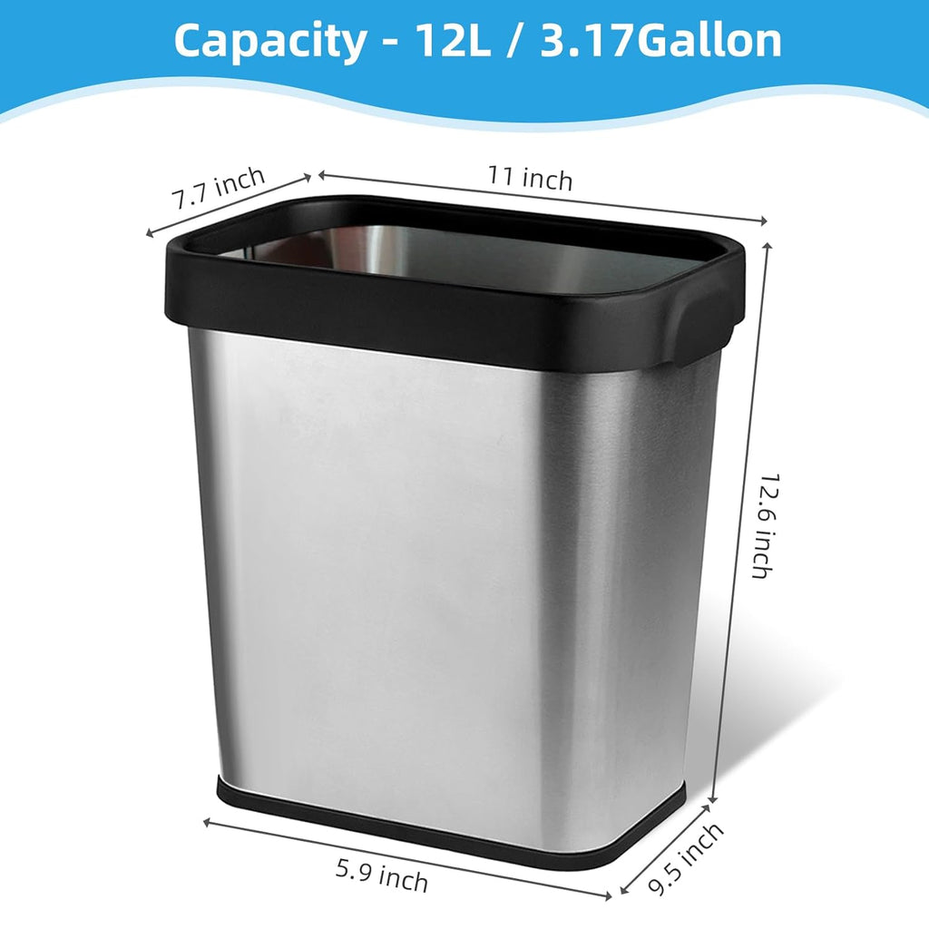 2 Pack Stainless Steel Trash Can 3 Gallon, Open Top Trash Can, 6" x 11" x 13", Rectangle Trash Can Kitchen - Slim and Narrow, Small Trash Can No Lid for Kitchen, Bathroom, Living Room, Office