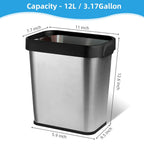 2 Pack Stainless Steel Trash Can 3 Gallon, Open Top Trash Can, 6" x 11" x 13", Rectangle Trash Can Kitchen - Slim and Narrow, Small Trash Can No Lid for Kitchen, Bathroom, Living Room, Office