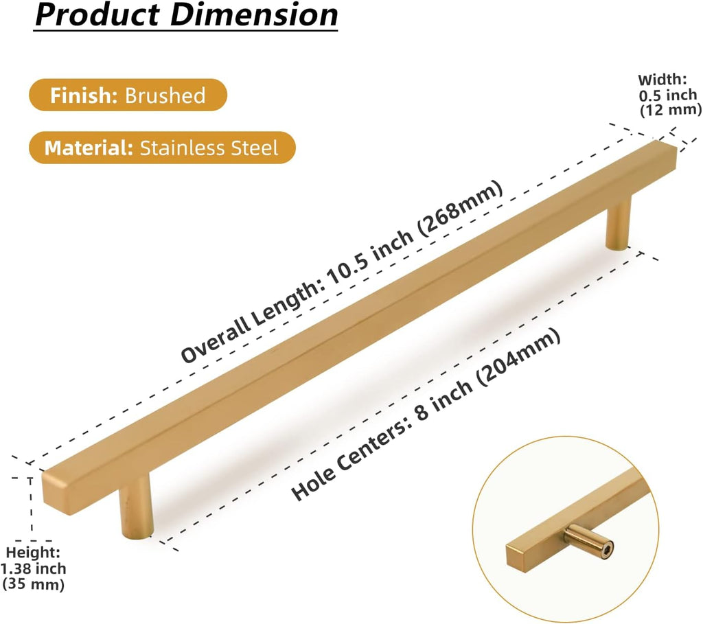 TooCust 2 Pack Brushed Brass Kitchen Cabinet Handles, Cabinet Pulls with 8 Inch (204mm) Hole Centers, Gold Dresser Handle with Brushed Finish, Modern Furniture Drawer Knobs