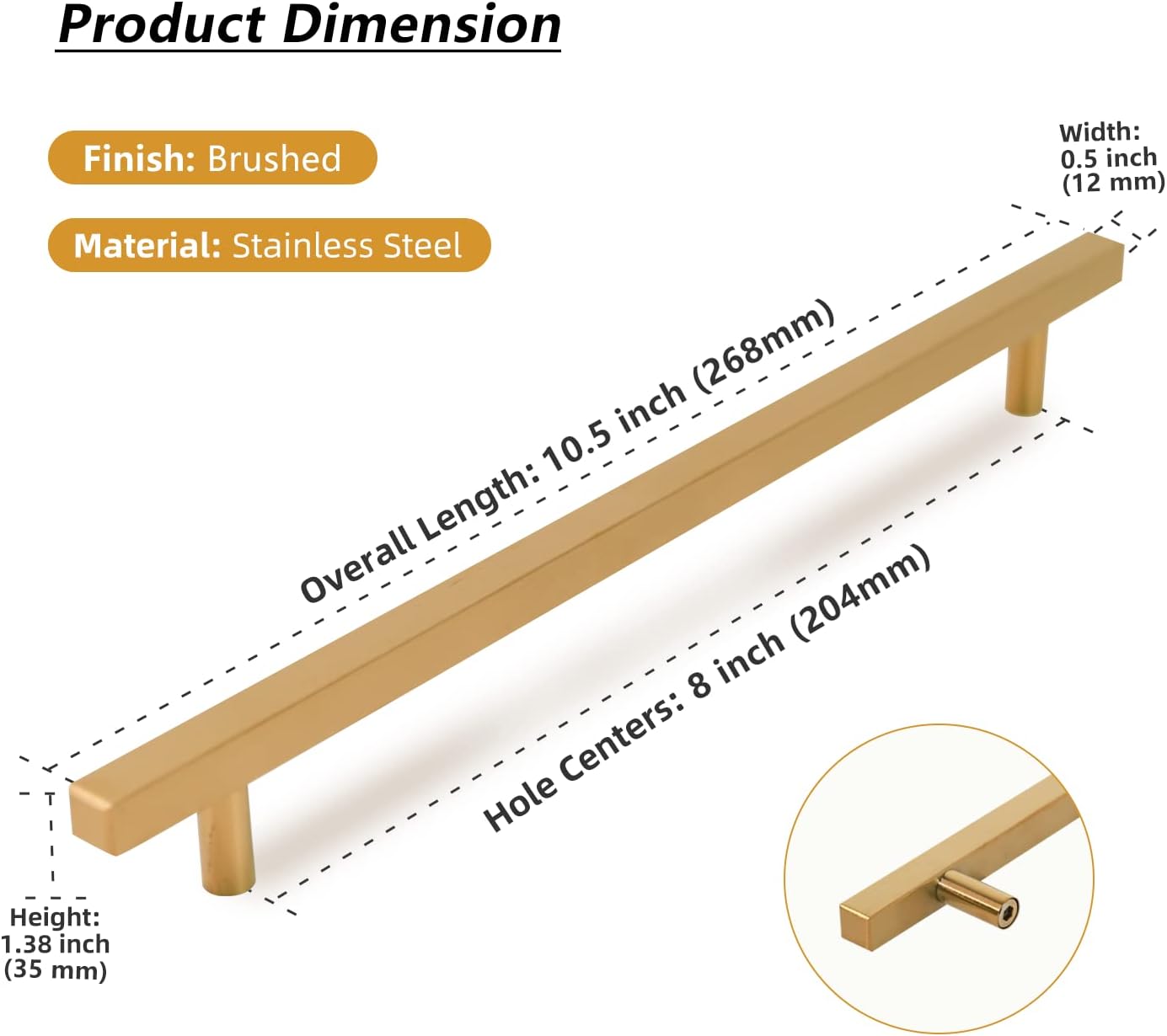 TooCust 2 Pack Brushed Brass Kitchen Cabinet Handles, Cabinet Pulls with 8 Inch (204mm) Hole Centers, Gold Dresser Handle with Brushed Finish, Modern Furniture Drawer Knobs