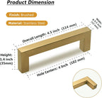 TooCust Brushed Brass Square Drawer Pulls 2 Pack, Modern Gold Cabinet Handles with 4 Inch (102mm) Hole Centers, Kitchen Cabinet Hardware and Dresser Pulls