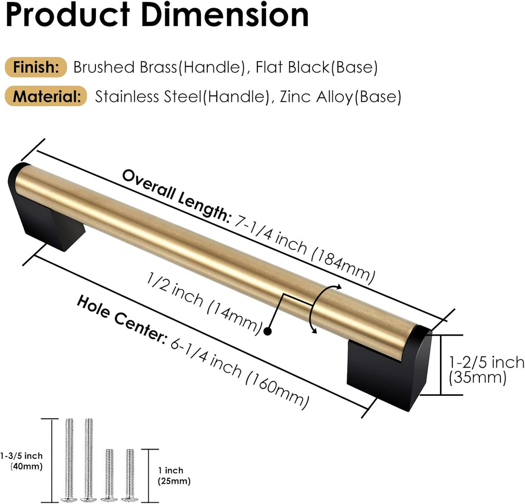 Pack of 10 Brushed Gold Handles for Cabinets and Drawers, 6-1/4 inch (160mm) Hole Centers, Gold Kitchen Cabinet Pulls with Black Base, Modern Gold Handles for Dresser, Golden Drawer Pulls and Knobs
