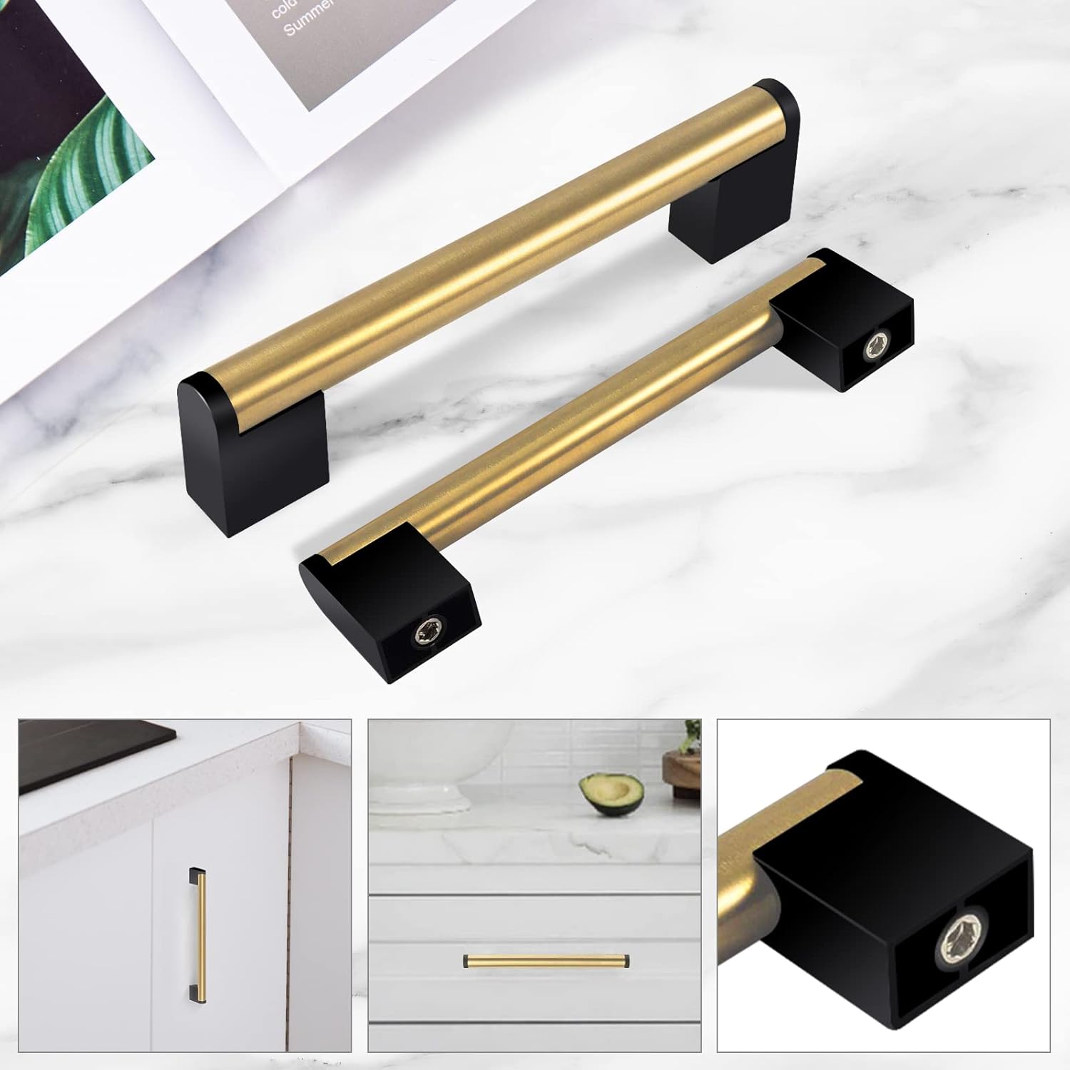 Pack of 10 Brushed Gold Handles for Cabinets and Drawers, 6-1/4 inch (160mm) Hole Centers, Gold Kitchen Cabinet Pulls with Black Base, Modern Gold Handles for Dresser, Golden Drawer Pulls and Knobs