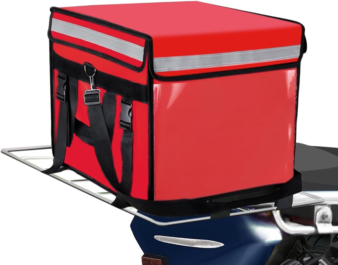 Large Insulated Food Delivery Bag with Fixed Base and Internal Frame, XL-18.1"x13.8"x13.8", Commercial Insulated Food Delivery Bag w/ Divider, Waterproof Foldable Catering Bag Food Deliveries, Red