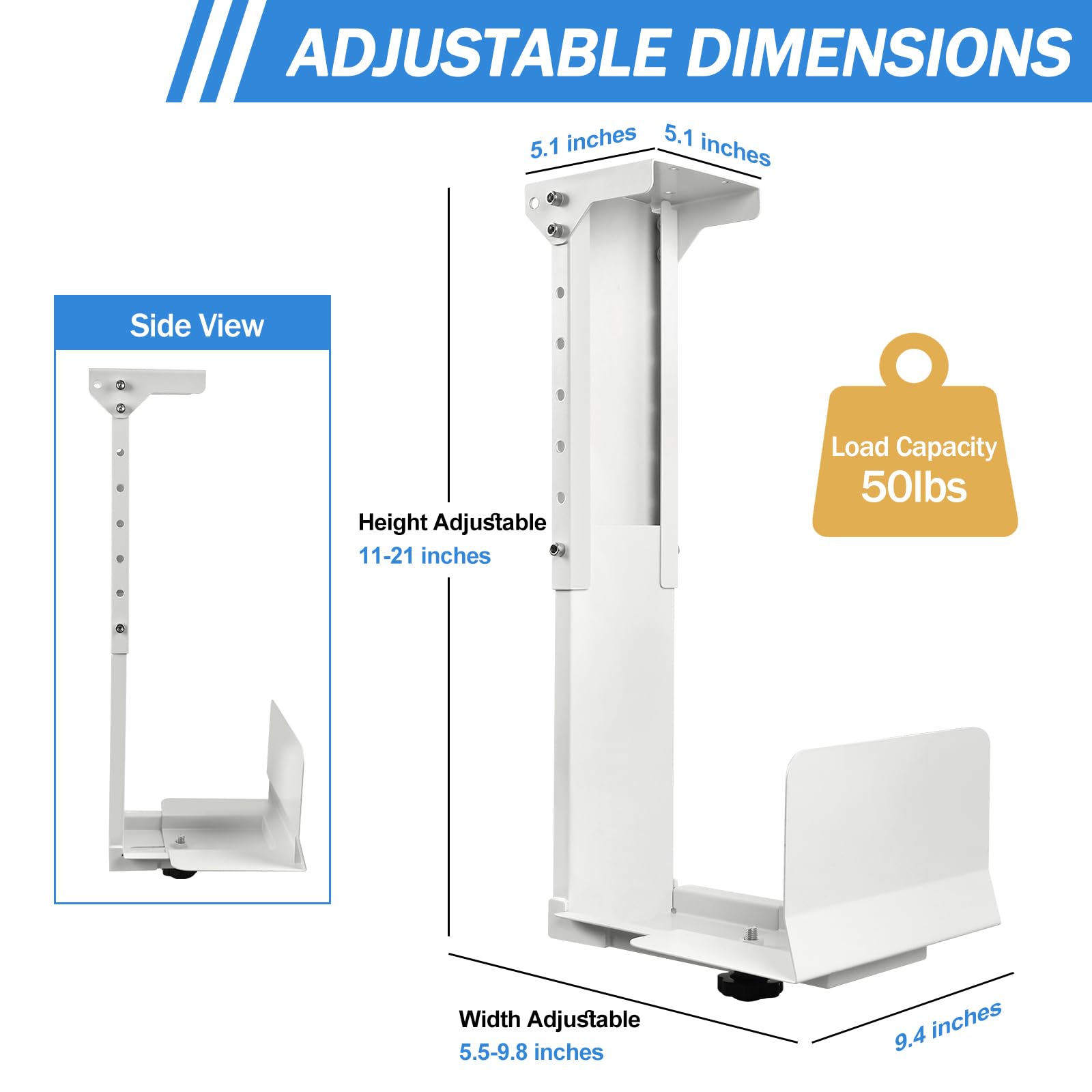 Heavy Duty Computer Wall Mount PC Case - Upgraded, Also Great for PC Mount Under Desk - Height Adjustable from 11" to 21", Width Adjustable from 5.5" to 9.8", Computer Tower Under Desk Home Office