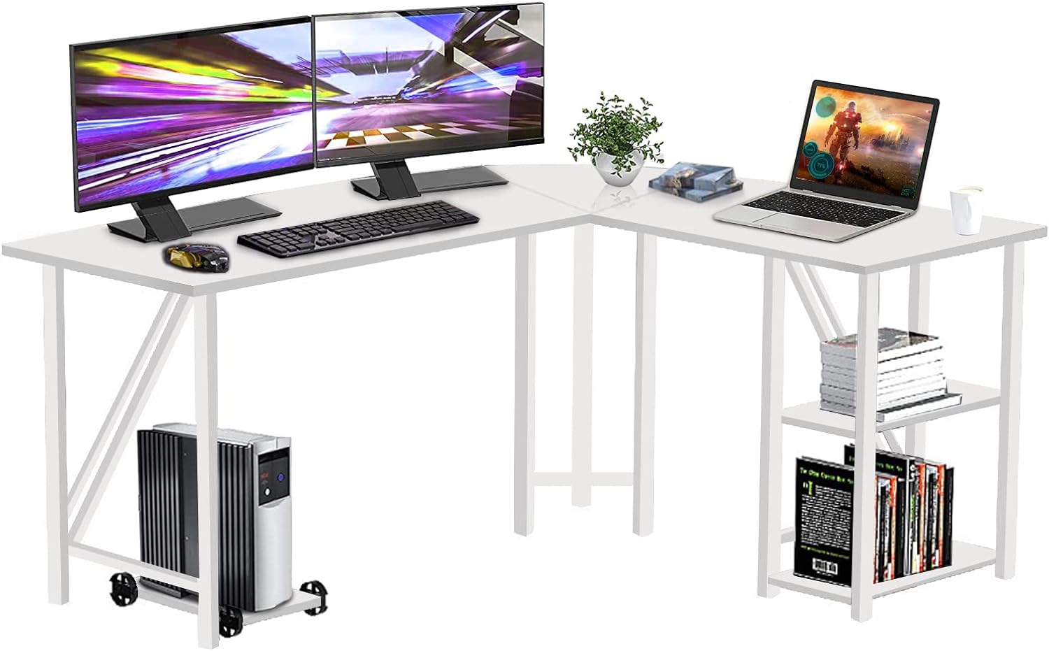 SHSYCER 60"x55" L Shaped Computer Desk - Large Office Desk with Monitor Stand and 2 Layers Storage Rack Reversible Corner Desk for Small Spaces, Gaming Computer Desk for Home Office, Black