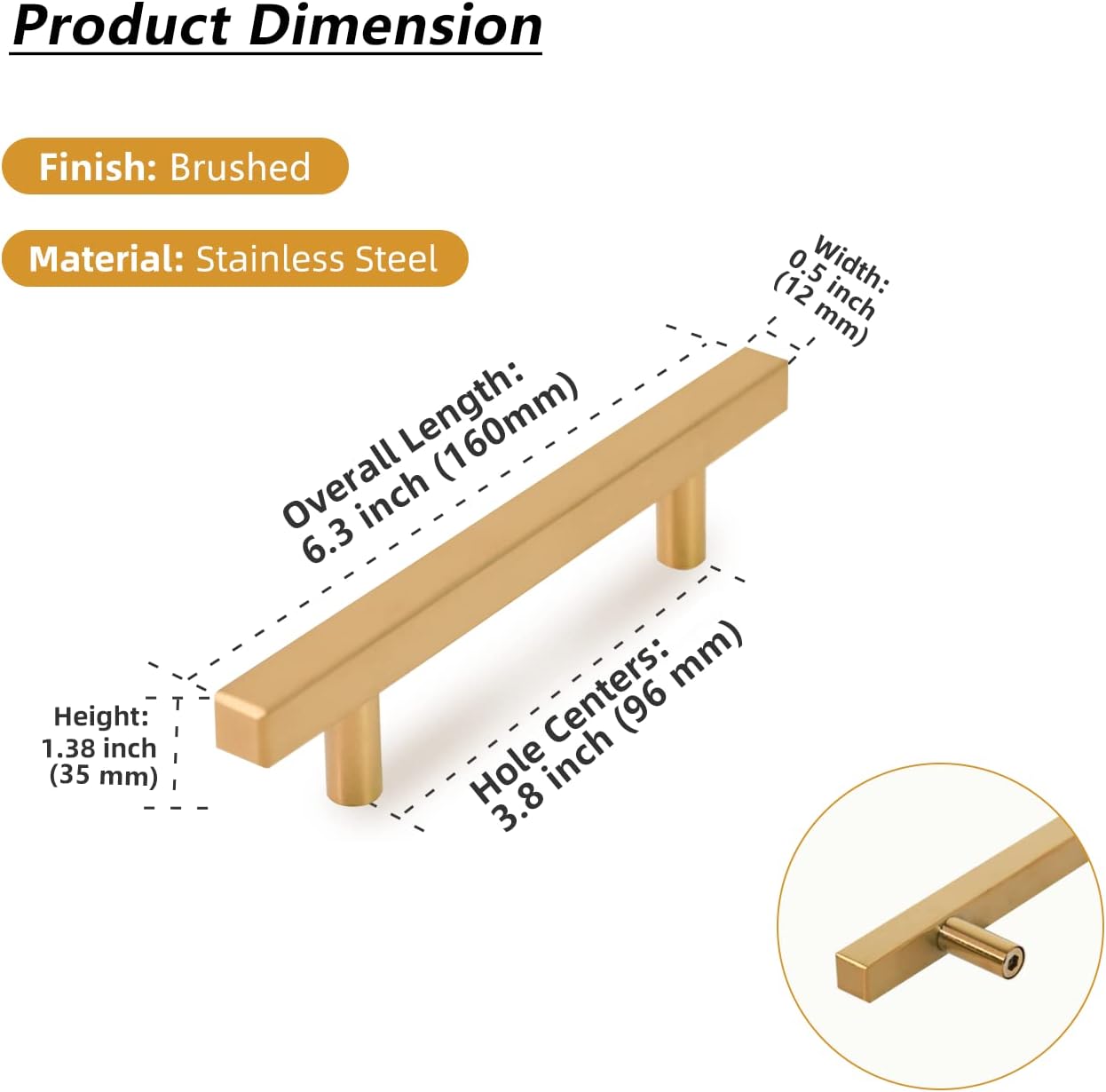 TooCust 2 Pack Brushed Brass Kitchen Cabinet Handles, Cabinet Pulls with 3.75 Inch (96mm) Hole Centers, Gold Dresser Handle with Brushed Finish, Modern Furniture Drawer Knobs