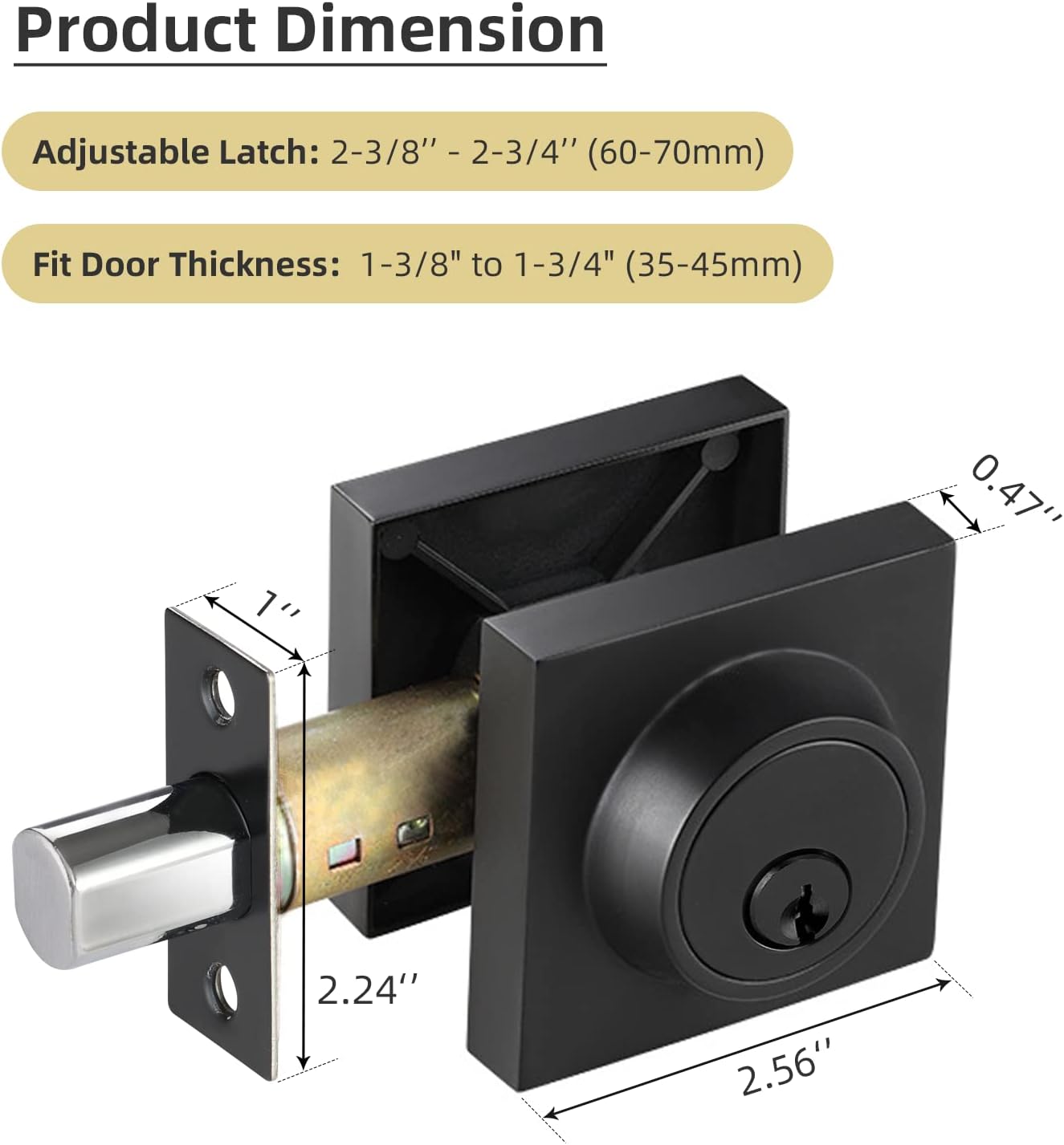 Square Single Cylinder Deadbolt, Modern Deadbolt Lock with Keys, Door Locks with Deadbolt, Matte Black Deadbolt for Front Door Entrance, Front Door Security Lock, Keyed 1 Side